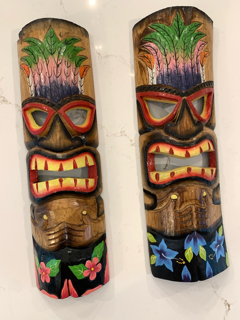Hand Painted Wooden Tiki Masks Set Of (2)   19” x 6”Teak Wood Lightweight